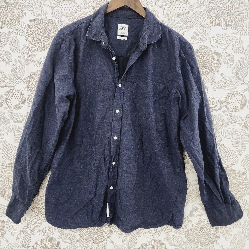 Zara Flannel Button down Long sleeve  Navy Blue Shirt L